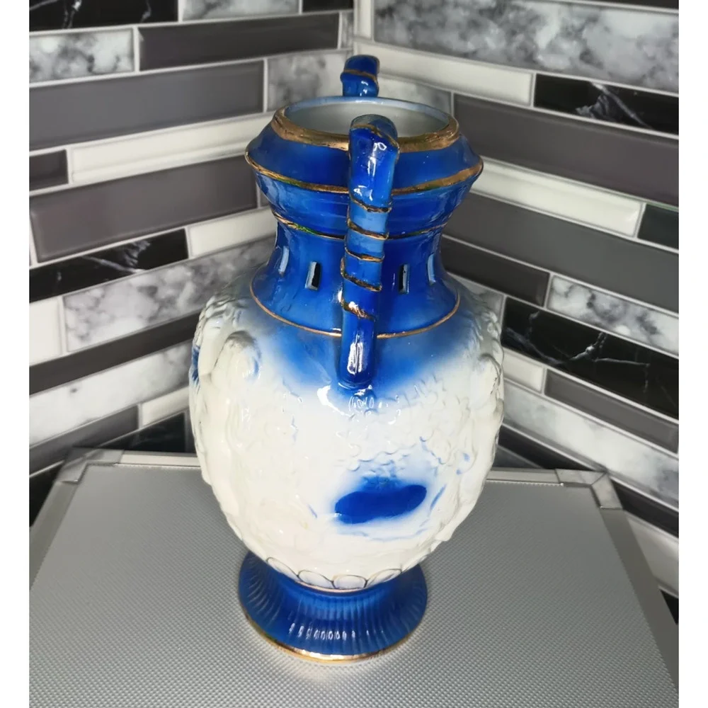 Vintage Cobalt Blue Cherub Angel Porcelain Urn Vase Gold Trim Handles Ceramic